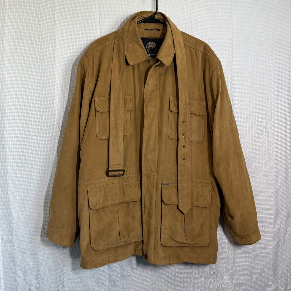 Weatherproof Field Jacket Faux Suede Tan Multi-Pocket Safari Utility Coat L